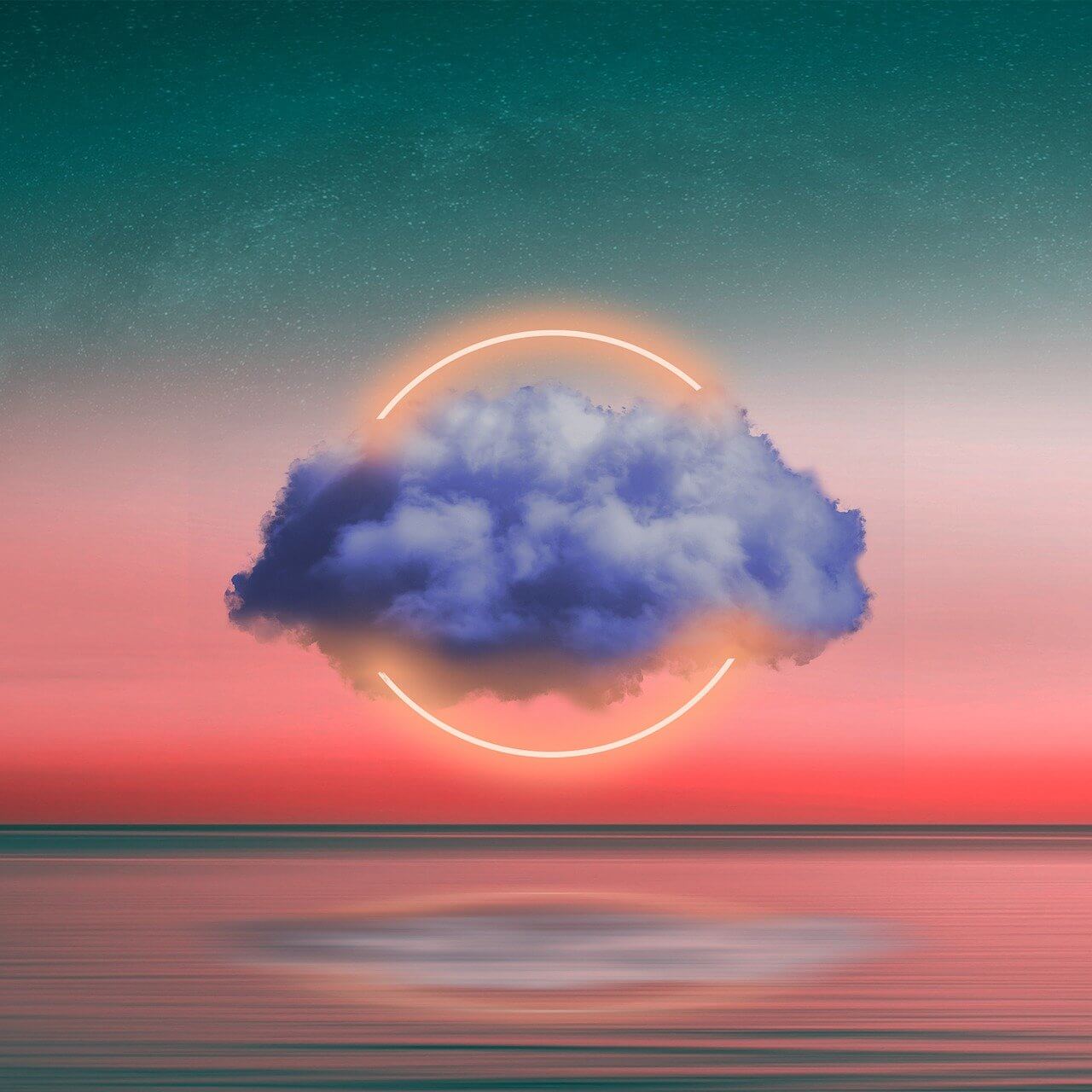 Clouds over a body of water with a sunset on the horizon 